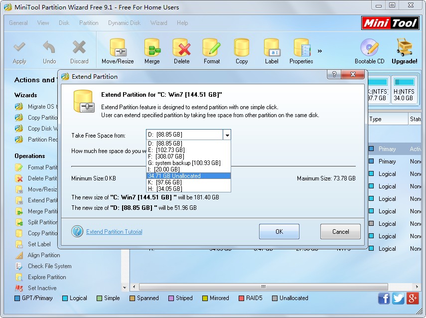 extend drive c choose a partition or unallocated space to take free space