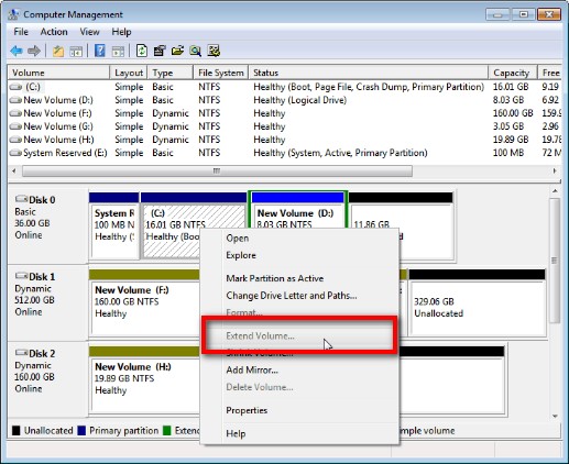 extend drive C extemd volume gayed out