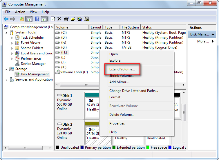 extend dynamic volume in disk management select the volume