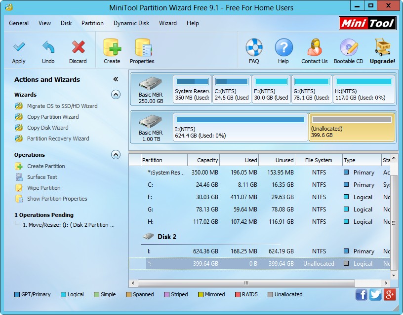 merge 2 unallocated spaces in Partition Wizard 3