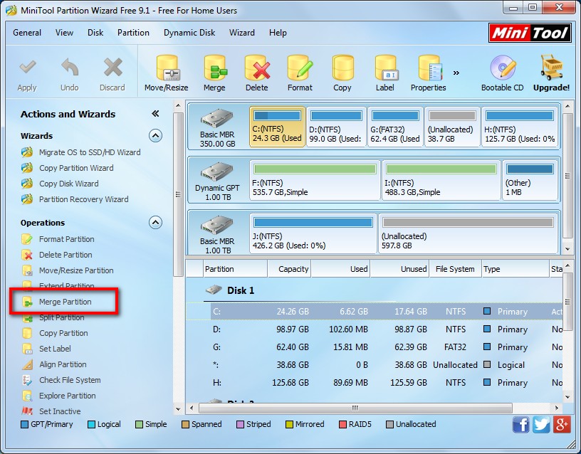 merge partitions in windows using minitool partition wizard 2