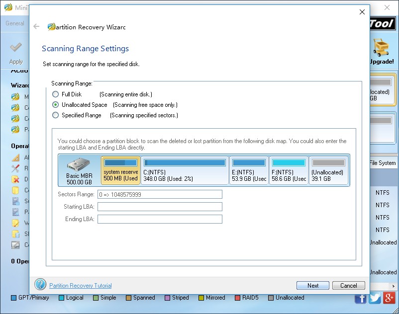 recover deleted partition windows 10 set scanning range